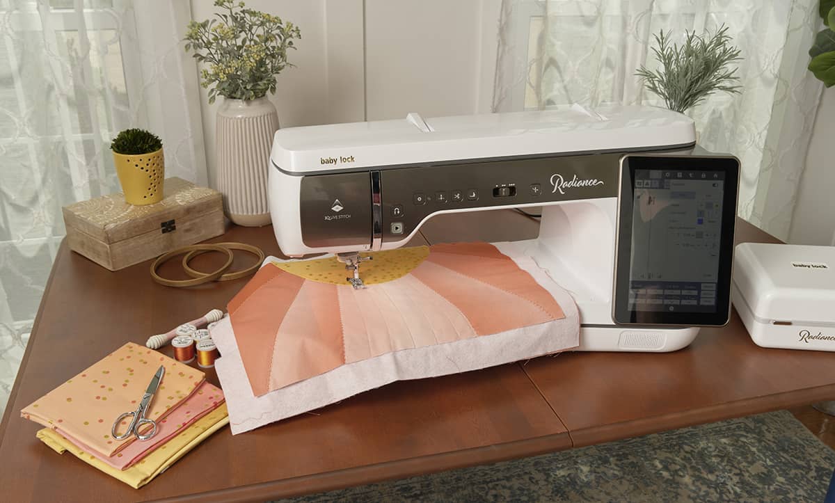 Radaince Sewing Features section hero image with quilt block on machine